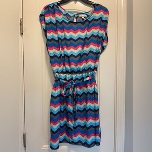 Accidentally in Love, Juniors Extra Large, Pink, Blue, Tan Chevron Women's Dress